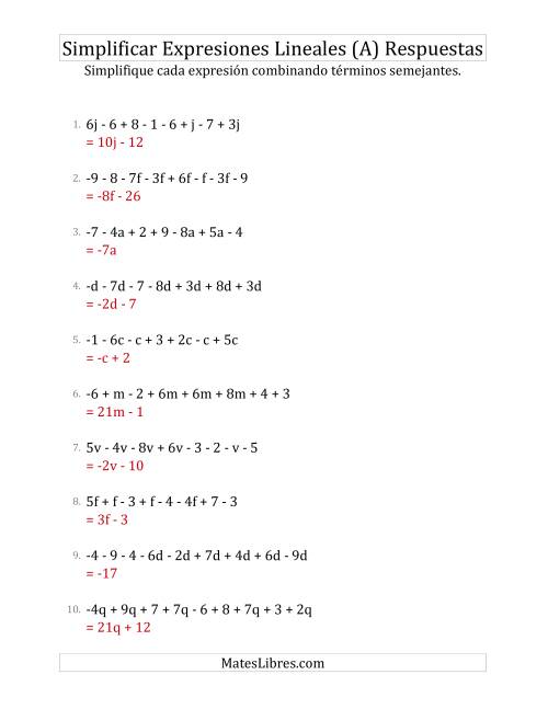 La hoja de ejercicios de Simplificar Expresiones Lineales con entre Seis y Diez Términos (Todas) Página 2