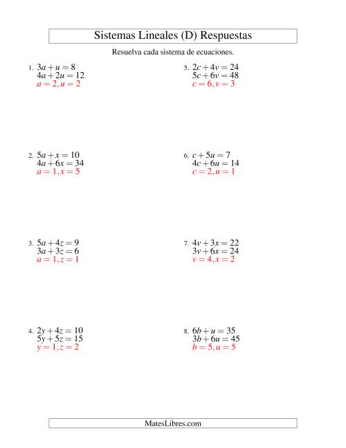 La hoja de ejercicios de Resolver Sistemas de Ecuaciones Lineales de dos Variables sin Valores Negativos (D) Página 2