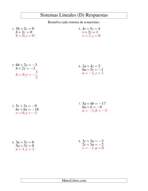 La hoja de ejercicios de Resolver Sistemas de Ecuaciones Lineales de dos Variables con Valores Negativos (D) Página 2