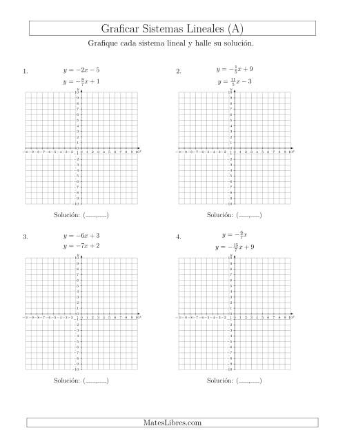 La hoja de ejercicios de Resolver Sistemas de Ecuaciones Lineales en Forma Pendiente-Intercepto Graficando (A)