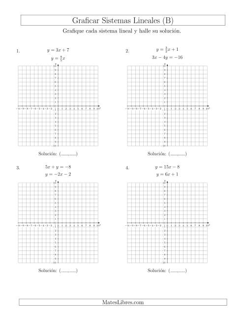La hoja de ejercicios de Resolver Sistemas de Ecuaciones Lineales en Formas Estándar y Pendiente-Intercepto Graficando (B)