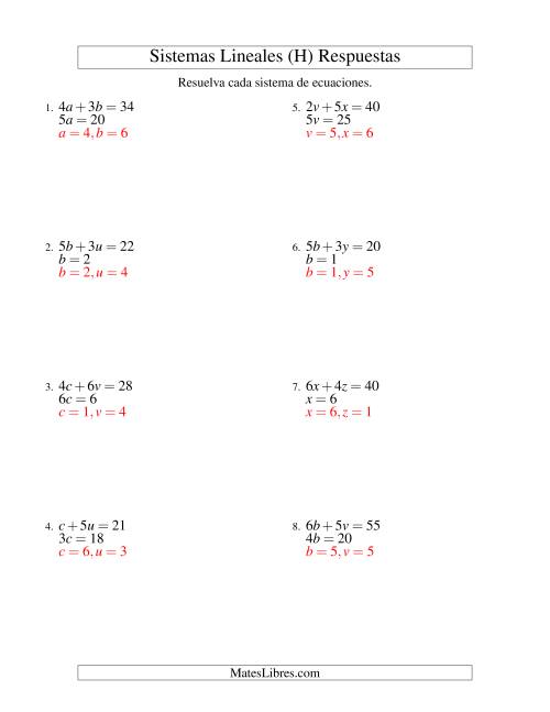 La hoja de ejercicios de Resolver Sistemas de Ecuaciones Lineales Sencillos de dos Variables sin Valores Negativos (H) Página 2