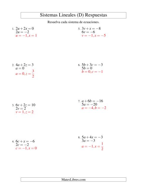 La hoja de ejercicios de Resolver Sistemas de Ecuaciones Lineales Sencillos de dos Variables con Valores Negativos (D) Página 2