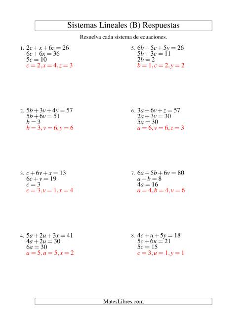 La hoja de ejercicios de Resolver Sistemas de Ecuaciones Lineales Sencillos de Tres Variables sin Valores Negativos (B) Página 2