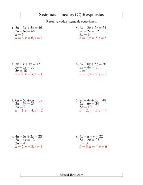 La hoja de ejercicios de Resolver Sistemas de Ecuaciones Lineales Sencillos de Tres Variables sin Valores Negativos (C) Página 2