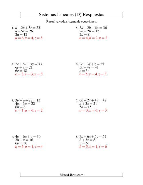 La hoja de ejercicios de Resolver Sistemas de Ecuaciones Lineales Sencillos de Tres Variables sin Valores Negativos (D) Página 2