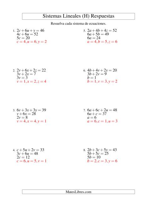 La hoja de ejercicios de Resolver Sistemas de Ecuaciones Lineales Sencillos de Tres Variables sin Valores Negativos (H) Página 2