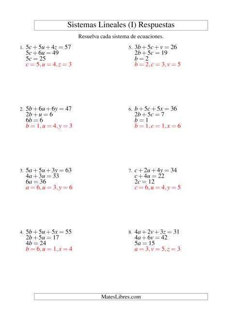 La hoja de ejercicios de Resolver Sistemas de Ecuaciones Lineales Sencillos de Tres Variables sin Valores Negativos (I) Página 2