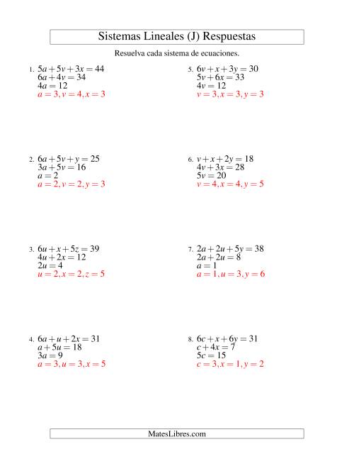 La hoja de ejercicios de Resolver Sistemas de Ecuaciones Lineales Sencillos de Tres Variables sin Valores Negativos (J) Página 2