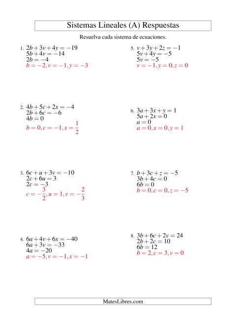 La hoja de ejercicios de Resolver Sistemas de Ecuaciones Lineales Sencillos de Tres Variables con Valores Negativos (A) Página 2