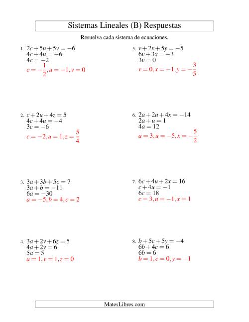 La hoja de ejercicios de Resolver Sistemas de Ecuaciones Lineales Sencillos de Tres Variables con Valores Negativos (B) Página 2