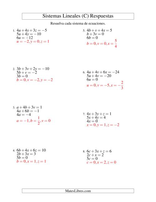 La hoja de ejercicios de Resolver Sistemas de Ecuaciones Lineales Sencillos de Tres Variables con Valores Negativos (C) Página 2