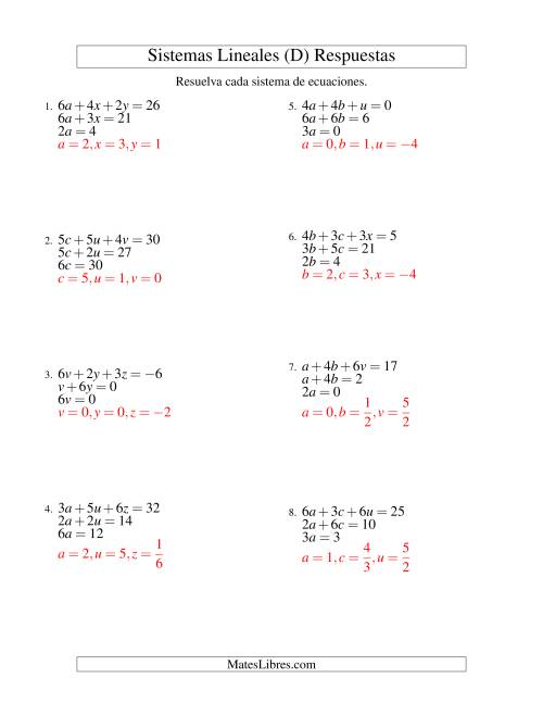 La hoja de ejercicios de Resolver Sistemas de Ecuaciones Lineales Sencillos de Tres Variables con Valores Negativos (D) Página 2