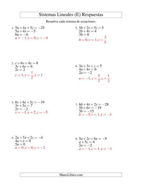 La hoja de ejercicios de Resolver Sistemas de Ecuaciones Lineales Sencillos de Tres Variables con Valores Negativos (E) Página 2