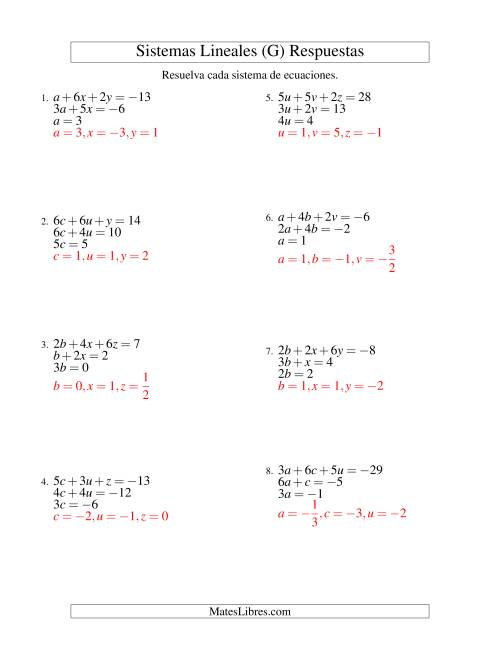 La hoja de ejercicios de Resolver Sistemas de Ecuaciones Lineales Sencillos de Tres Variables con Valores Negativos (G) Página 2