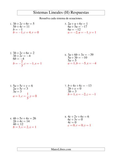 La hoja de ejercicios de Resolver Sistemas de Ecuaciones Lineales Sencillos de Tres Variables con Valores Negativos (H) Página 2