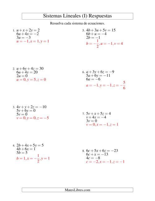 La hoja de ejercicios de Resolver Sistemas de Ecuaciones Lineales Sencillos de Tres Variables con Valores Negativos (I) Página 2