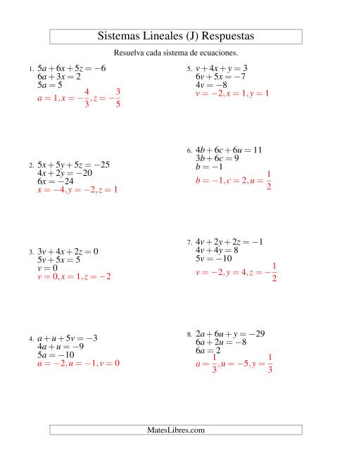 La hoja de ejercicios de Resolver Sistemas de Ecuaciones Lineales Sencillos de Tres Variables con Valores Negativos (J) Página 2