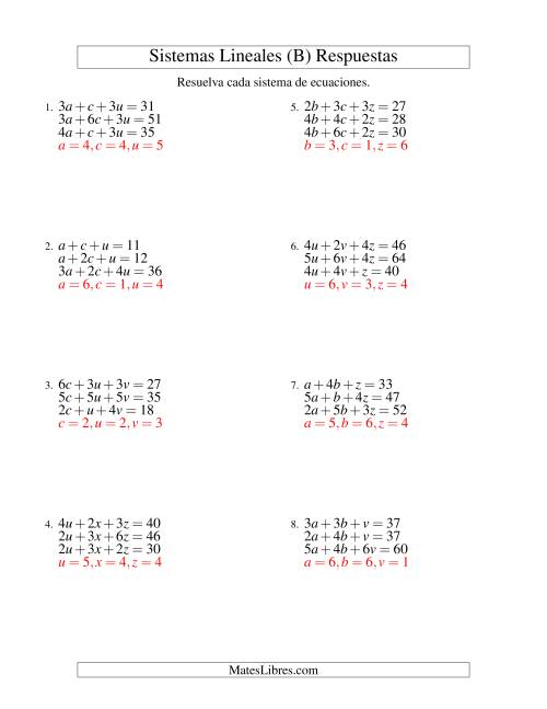 La hoja de ejercicios de Resolver Sistemas de Ecuaciones Lineales de Tres Variables sin Valores Negativos (B) Página 2
