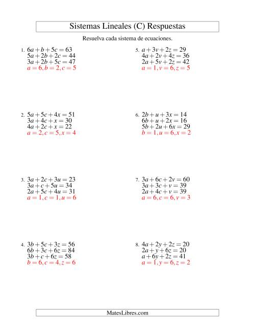 La hoja de ejercicios de Resolver Sistemas de Ecuaciones Lineales de Tres Variables sin Valores Negativos (C) Página 2