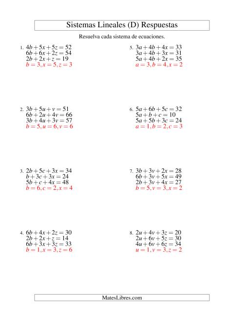 La hoja de ejercicios de Resolver Sistemas de Ecuaciones Lineales de Tres Variables sin Valores Negativos (D) Página 2