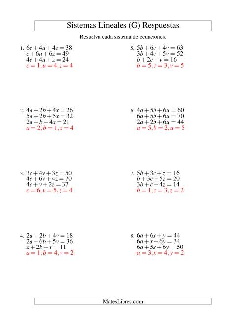 La hoja de ejercicios de Resolver Sistemas de Ecuaciones Lineales de Tres Variables sin Valores Negativos (G) Página 2