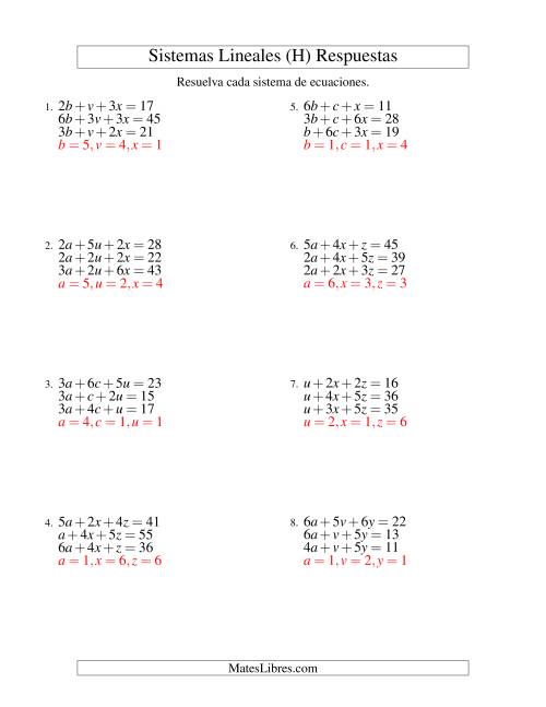 La hoja de ejercicios de Resolver Sistemas de Ecuaciones Lineales de Tres Variables sin Valores Negativos (H) Página 2