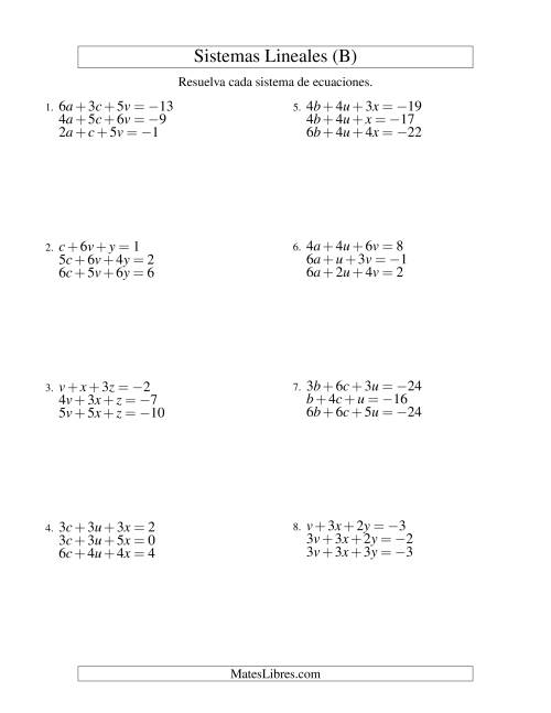 La hoja de ejercicios de Resolver Sistemas de Ecuaciones Lineales de Tres Variables con Valores Negativos (B)