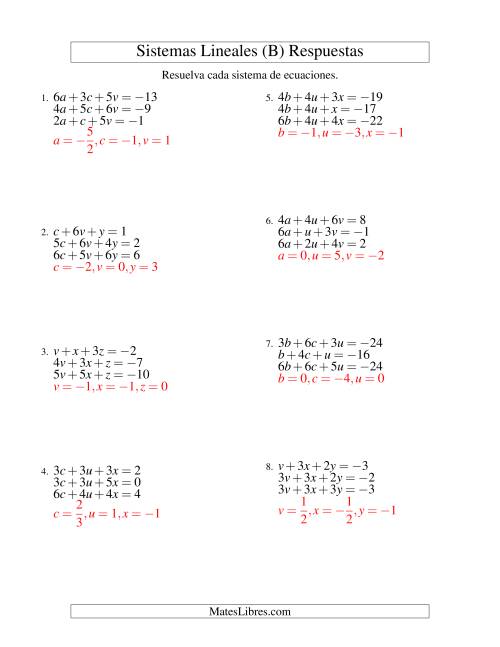 La hoja de ejercicios de Resolver Sistemas de Ecuaciones Lineales de Tres Variables con Valores Negativos (B) Página 2