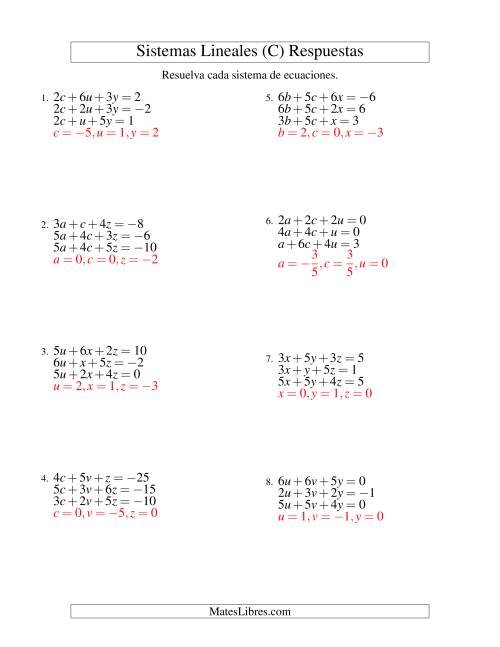 La hoja de ejercicios de Resolver Sistemas de Ecuaciones Lineales de Tres Variables con Valores Negativos (C) Página 2