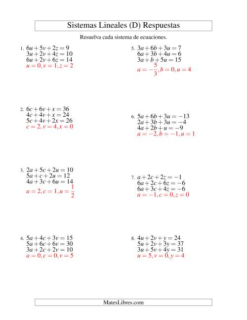 La hoja de ejercicios de Resolver Sistemas de Ecuaciones Lineales de Tres Variables con Valores Negativos (D) Página 2