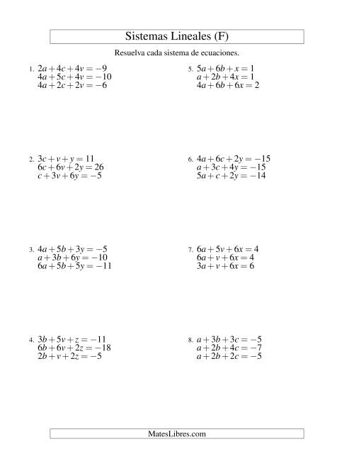 La hoja de ejercicios de Resolver Sistemas de Ecuaciones Lineales de Tres Variables con Valores Negativos (F)