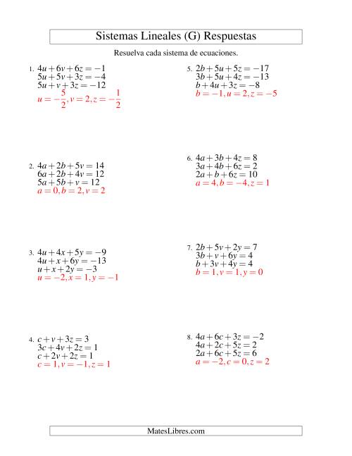 La hoja de ejercicios de Resolver Sistemas de Ecuaciones Lineales de Tres Variables con Valores Negativos (G) Página 2