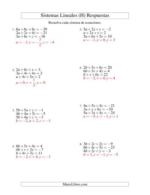 La hoja de ejercicios de Resolver Sistemas de Ecuaciones Lineales de Tres Variables con Valores Negativos (H) Página 2