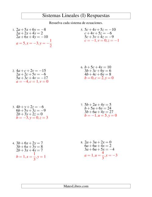 La hoja de ejercicios de Resolver Sistemas de Ecuaciones Lineales de Tres Variables con Valores Negativos (I) Página 2