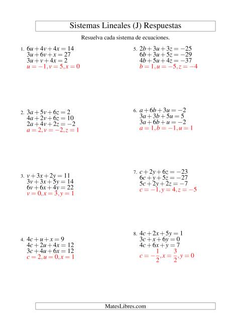 La hoja de ejercicios de Resolver Sistemas de Ecuaciones Lineales de Tres Variables con Valores Negativos (J) Página 2