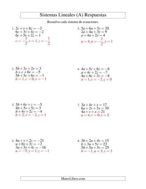La hoja de ejercicios de Resolver Sistemas de Ecuaciones Lineales de Tres Variables con Valores Negativos (Todas) Página 2