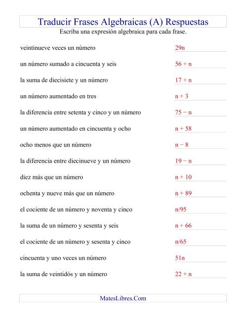La hoja de ejercicios de Traducir Frases Algebraicas Simples (A) Página 2