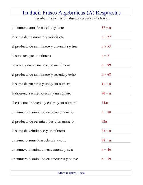 La hoja de ejercicios de Traducir Frases Algebraicas Simples (B) Página 2