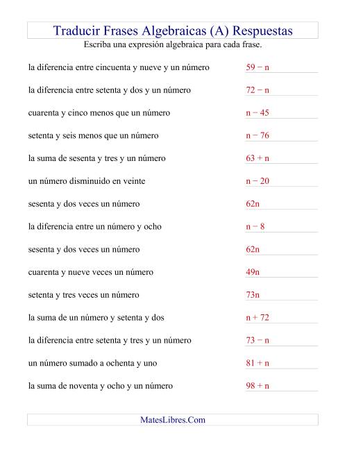 La hoja de ejercicios de Traducir Frases Algebraicas Simples (C) Página 2