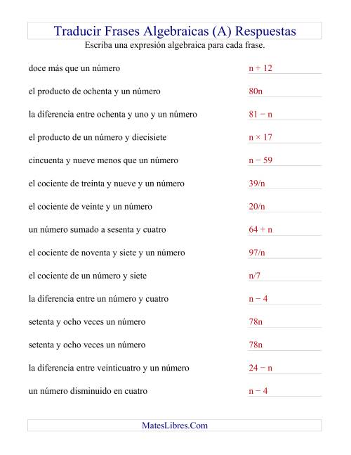 La hoja de ejercicios de Traducir Frases Algebraicas Simples (D) Página 2
