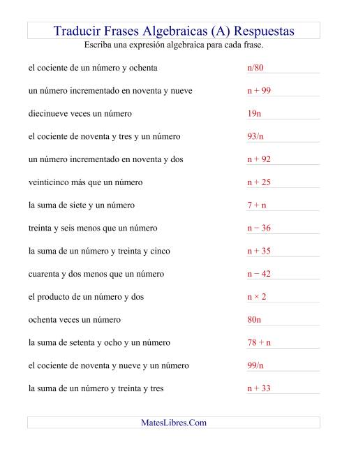 La hoja de ejercicios de Traducir Frases Algebraicas Simples (E) Página 2