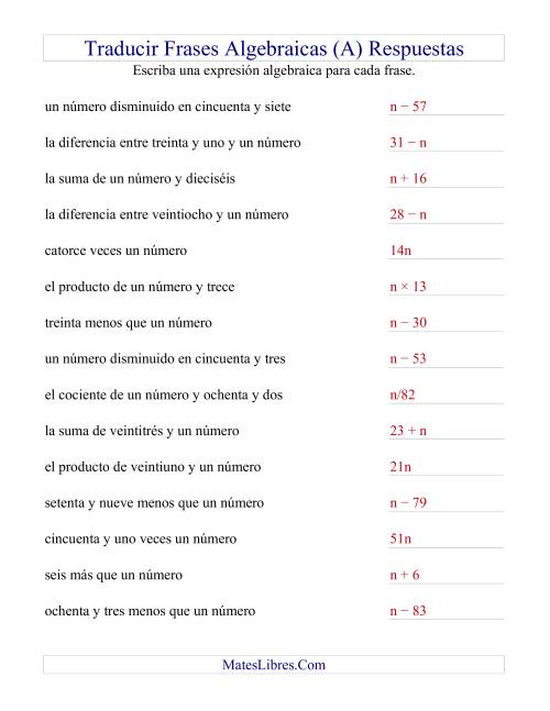 La hoja de ejercicios de Traducir Frases Algebraicas Simples (F) Página 2