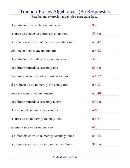 La hoja de ejercicios de Traducir Frases Algebraicas Simples (G) Página 2