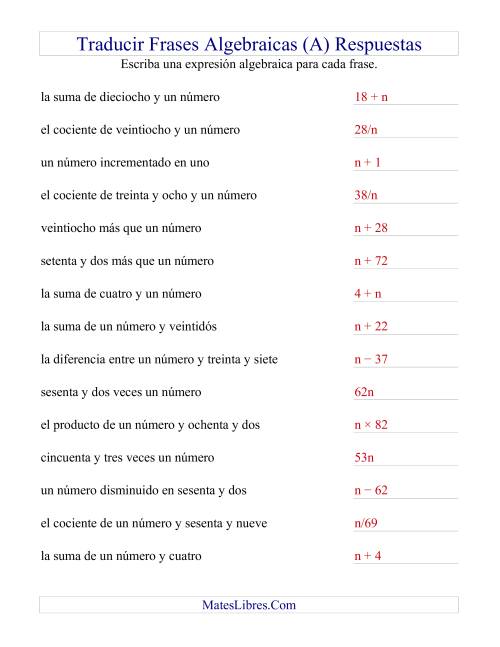La hoja de ejercicios de Traducir Frases Algebraicas Simples (H) Página 2
