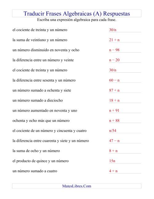 La hoja de ejercicios de Traducir Frases Algebraicas Simples (I) Página 2