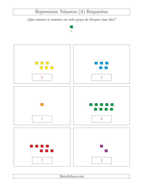 La hoja de ejercicios de Representar números hasta 9 con bloques base diez (A) Página 2