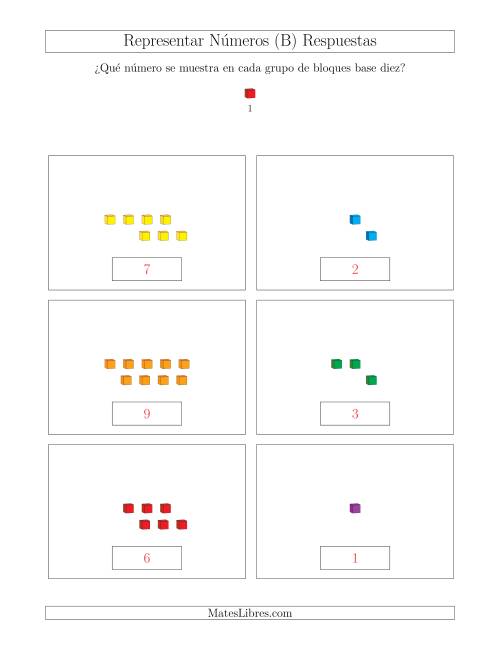 La hoja de ejercicios de Representar números hasta 9 con bloques base diez (B) Página 2