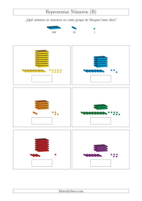 La hoja de ejercicios de Representar números hasta 999 con bloques base diez (Tamaño A4) (B)