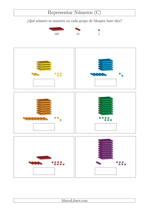 La hoja de ejercicios de Representar números hasta 999 con bloques base diez (Tamaño A4) (C)